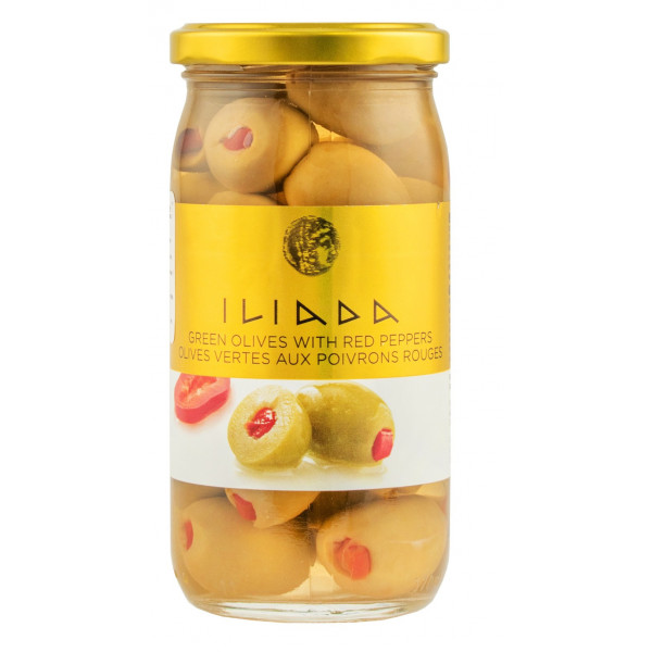 Купити Оливки зелені ILIADA with red peppers фаршировані перцем 370г
