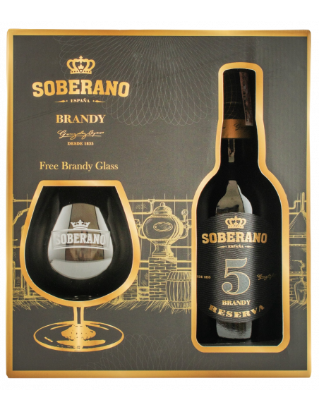 Купить Бренди Soberano 5yo 0,7л в коробке + 2 стакана