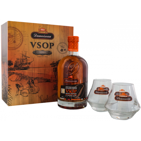 Купить Ром Rhum Vieux VSOP подарочная коробка + 2 стакана Damoiseau